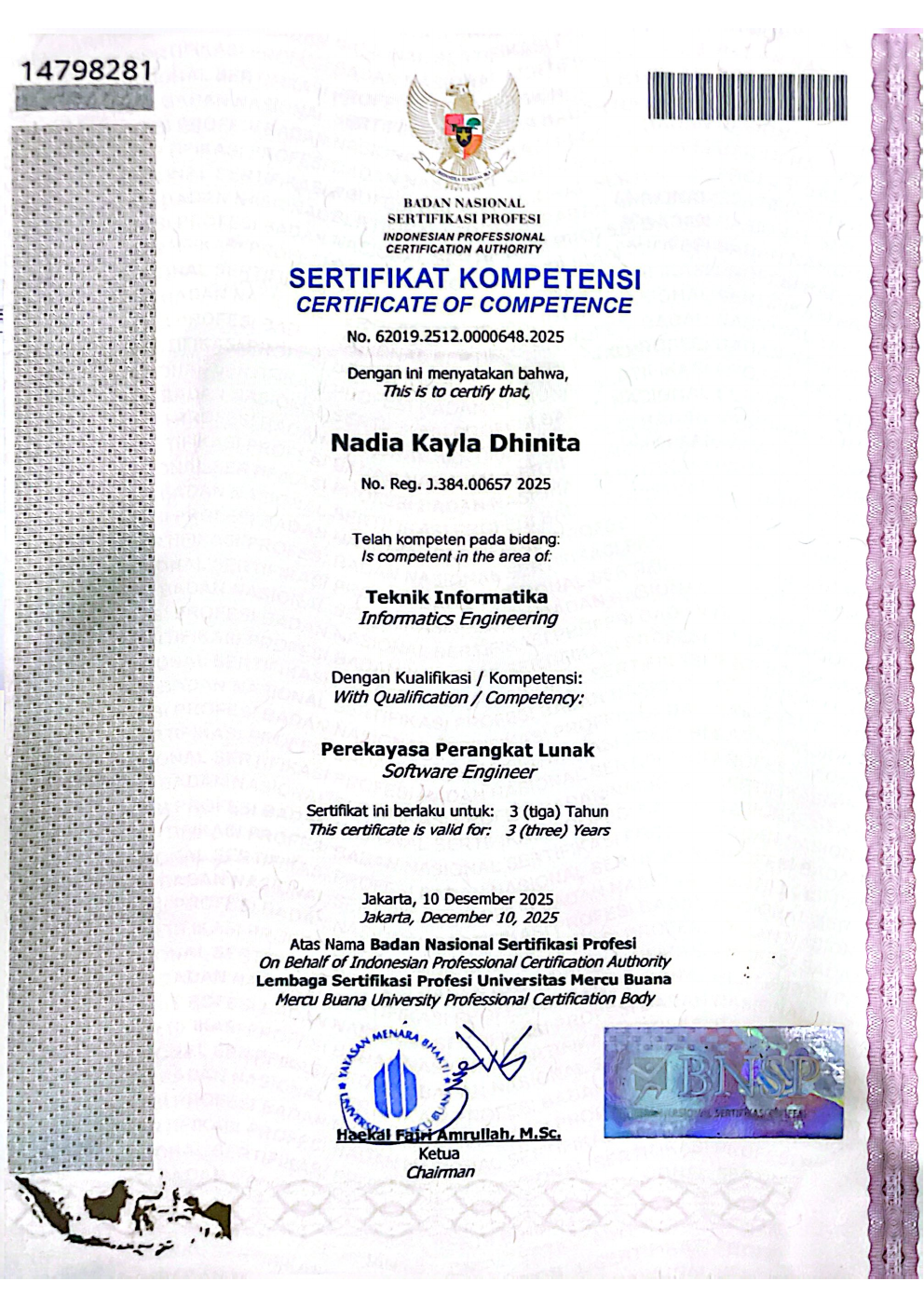 Sertifikat kompetensi Software Engineer BNSP