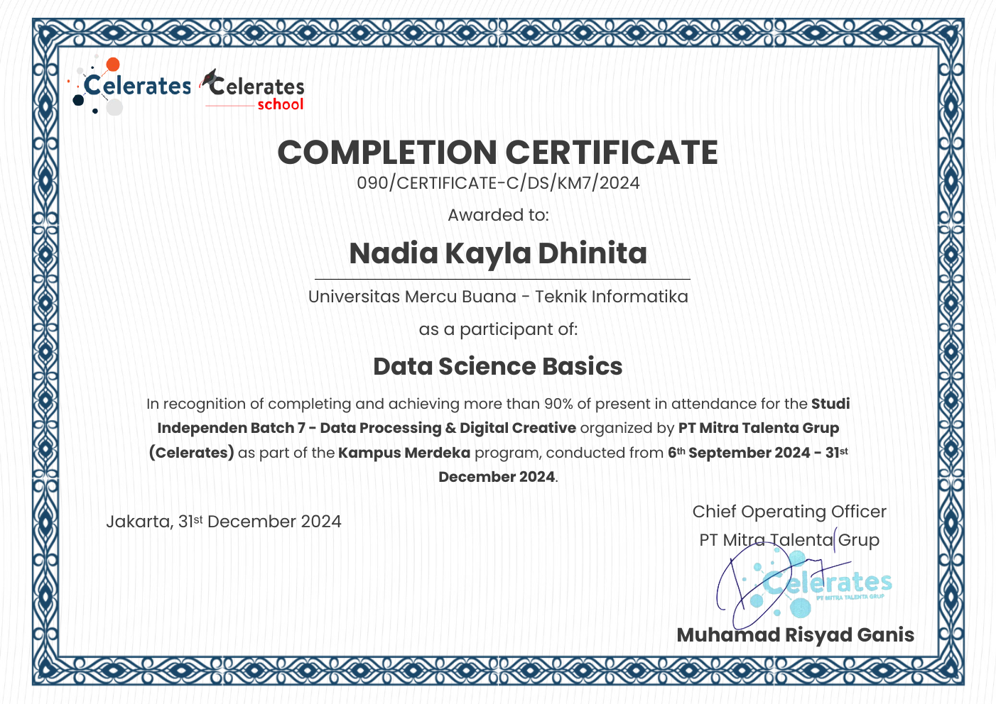 Sertifikat Celerates Data Science Basics