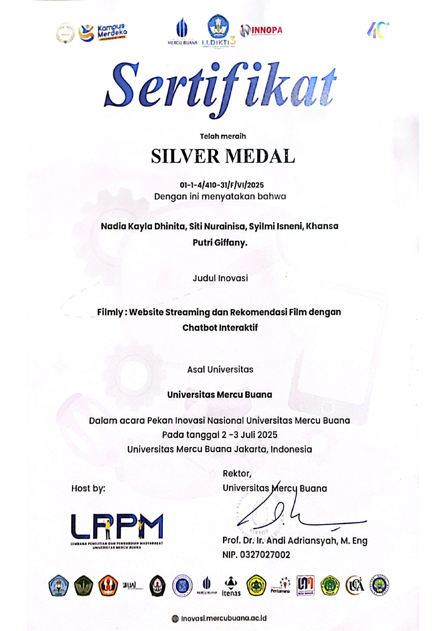 Sertifikat Silver Medal INNOPA 2025 untuk Filmly